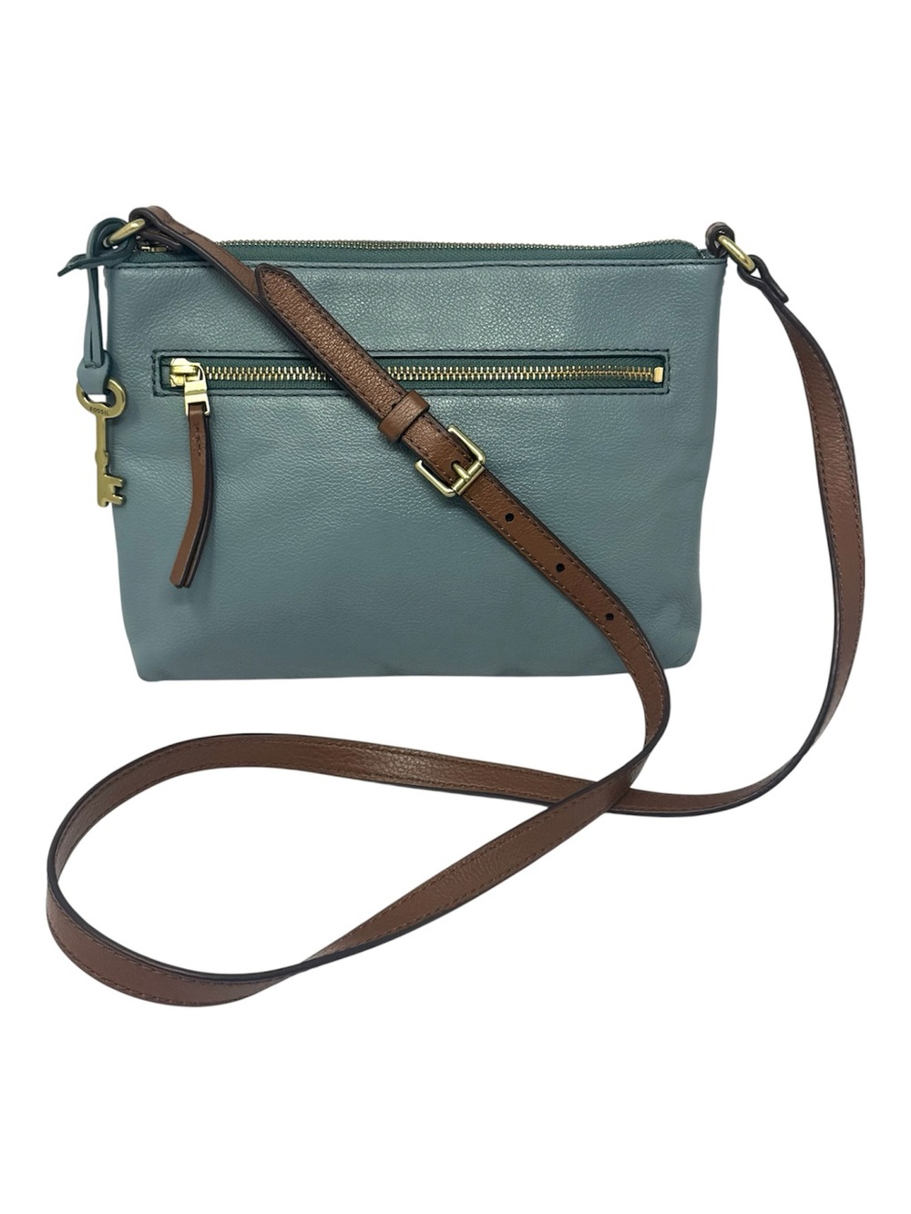 Fossil Fiona Crossbody Bag Dusty Blue Leather Zip Pockets Key Charm